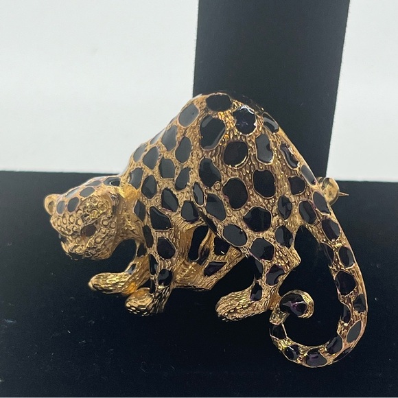 Vintage Park Lane Enamel Leopard Brooch/Pendant Rhinestone Eyes cheetah leopard - Picture 2 of 12